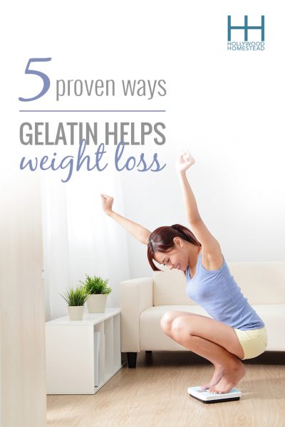 Woman looking happy while weighing herself under the title "5 Proven Ways Gelatin Helps Weight Loss" 
