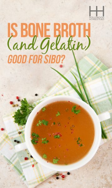 Cup of bone broth under the title "Is Bone Broth (and Gelatin) Good for SIBO?"