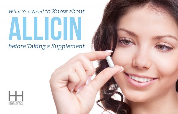 Woman looking at a supplement next to the title "What You Need to Know about Allicin before Taking a Supplement" 