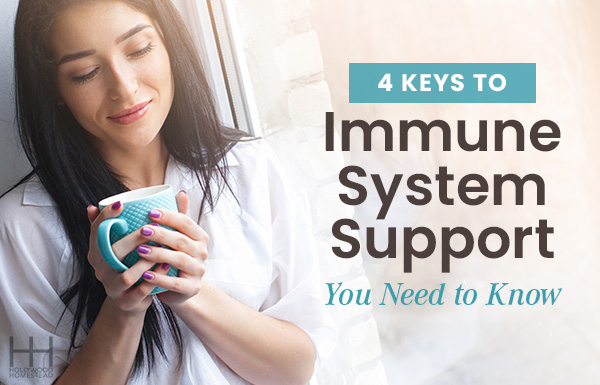 Woman holding a mug of tea next to the title "4 Keys to Immune System Support You Need to Know" 