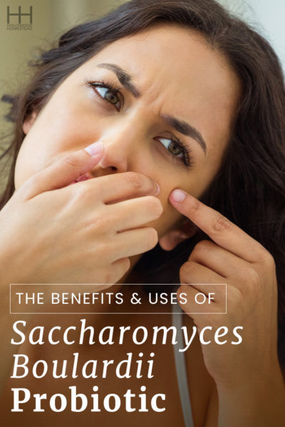 Woman using her fingers to squeeze the skin on her face, above the title "The Benefits and Uses of Saccharomyces boulardii Probiotic."