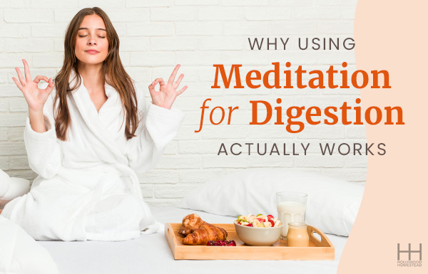 Woman meditating next to a tray of breakfast foods and milk.