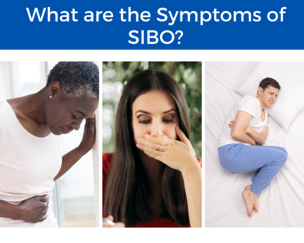 titled "What Are the Symptoms of SIBO" featuring three people experiencing digestion issues