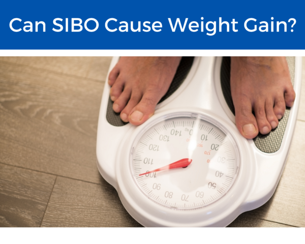 "Can Sibo Cause Weight Gain?" over feet standing on a scale 