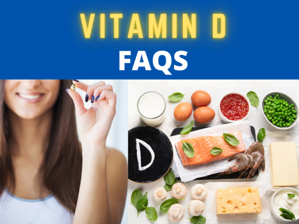 collection of images containing vegetables, cheese, mushrooms, and a smiling woman under the title "Vitamin D FAQs"