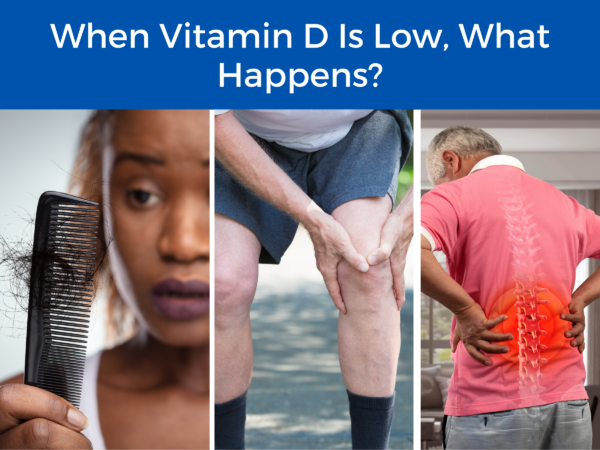 three images: a person's hair falling out, a man's knee hurting, and another man with back pain. all three images are underneath the title "When Vitamin D is Low, What Happens?"