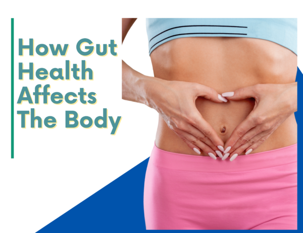 title page of "How Gut Health Affects the Body" featuring a woman making a heart with her hands over her stomach 