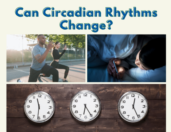 three images of people running, a person looking at their phone in bed, and three clocks under the title "Can Circadian Rhythms Change?" 